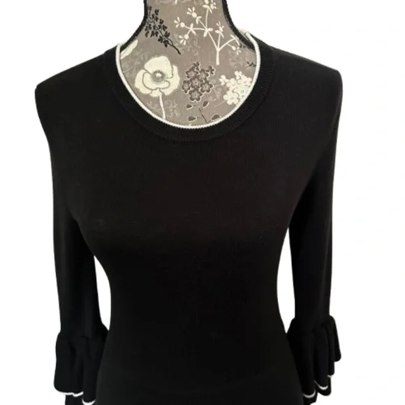 Vince Camuto Women S Black & White Sleeved Ruffled Fit & Flare Midi Knit Dress - Picture 3 of 13